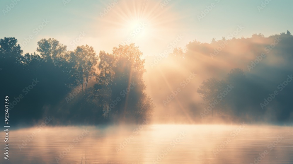 The image captures a serene sunrise over a misty lake, with the sun's rays breaking through trees, creating a tranquil and soothing atmosphere. The image captures a serene sunrise over a misty lake, with the sun's rays breaking through trees, creating a tranquil and soothing atmosphere.