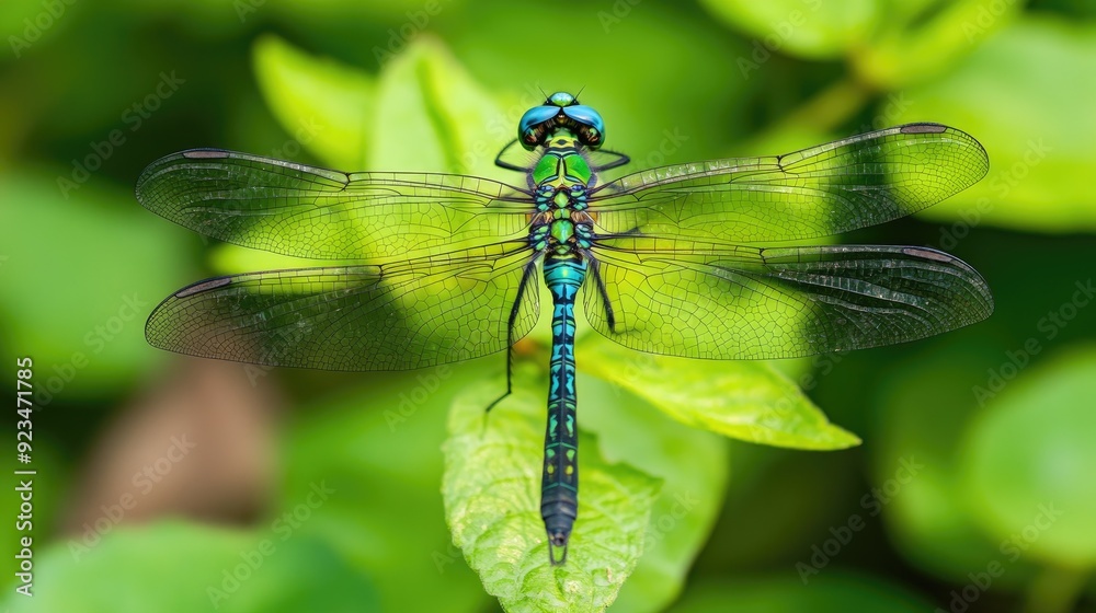 Bright green blue dragonfly with transparent wings isolated on plant background Bright green blue dragonfly with transparent wings isolated on plant background