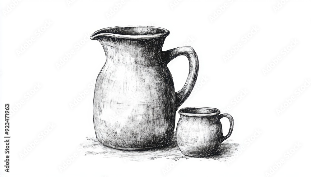 Simple pottery pitcher and cup in monochrome sketch style on white background Simple pottery pitcher and cup in monochrome sketch style on white background