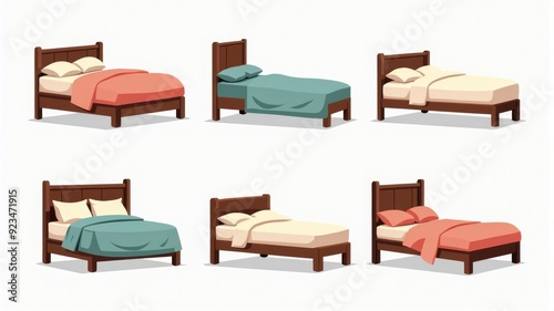 Variety of Beds with Wood Frames and Bedding in Different Colors Illustration - Ideal for Home Decor and Furniture Design Concepts