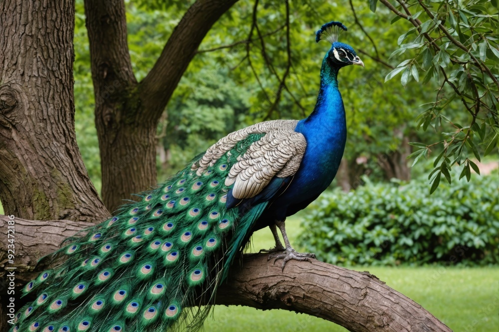 Naklejka premium A real peacock sitting on a tree with an open feathers