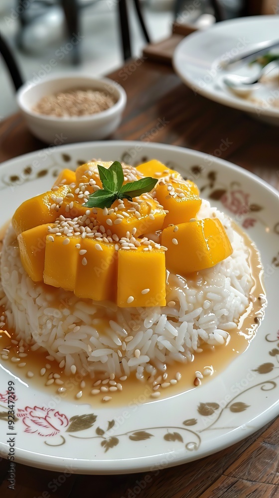 Ripe mango rice cooked with coconut milk, Sticky rice summer tropical fruit food Asian Thai dessert sweet mango peel and sliced on plate and fresh leaves. AI generated illustration