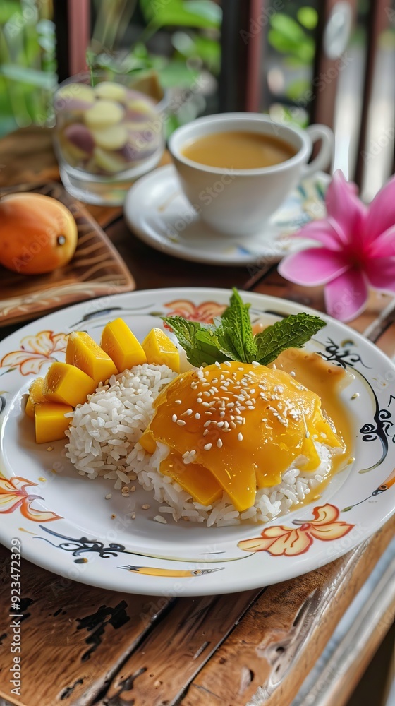 Ripe mango rice cooked with coconut milk, Sticky rice summer tropical fruit food Asian Thai dessert sweet mango peel and sliced on plate and fresh leaves. AI generated illustration Ripe mango rice cooked with coconut milk, Sticky rice summer tropical fruit food Asian Thai dessert sweet mango peel and sliced on plate and fresh leaves. AI generated illustration
