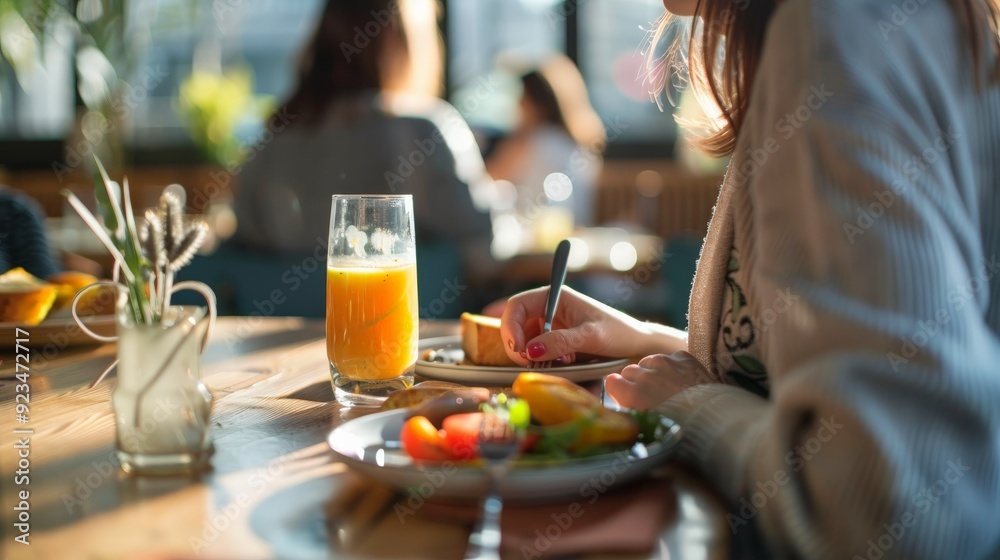 A person enjoys a nutritious breakfast with a glass of fresh orange juice while jotting down notes, symbolizing health and productivity in a cozy setting. A person enjoys a nutritious breakfast with a glass of fresh orange juice while jotting down notes, symbolizing health and productivity in a cozy setting.