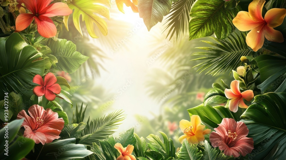 Lush Tropical Jungle with Vibrant Flowers and Sunlight Filtering Through Dense Green Foliage Lush Tropical Jungle with Vibrant Flowers and Sunlight Filtering Through Dense Green Foliage