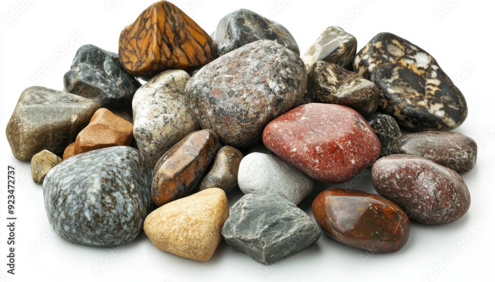 Collection of smooth, colorful stones on a white surface in natural light Collection of smooth, colorful stones on a white surface in natural light