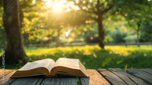 An open book rests on a wooden table in a sunlit park, symbolizing a quiet moment of reading and relaxation amidst nature's beauty and tranquil surroundings. photo