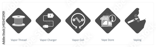 A set of 5 vaping icons as vapor thread, vapor charger, vapor coil