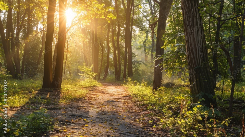 A sunlit path winds through a forest with tall trees and vibrant green leaves. The morning sunlight filters through the canopy, creating a peaceful and inviting atmosphere perfect for a walk.