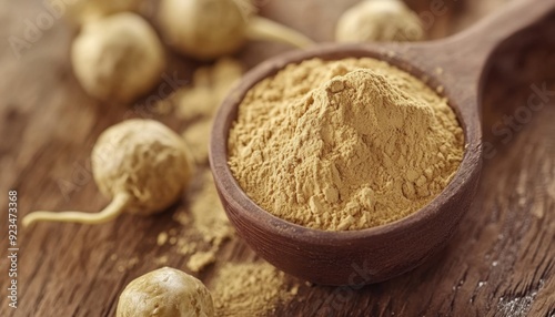 Ground root powder in a wooden spoon with raw roots on a textured wooden table