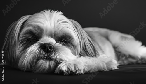 A relaxed dog resting with a calm expression on a dark background in black and white