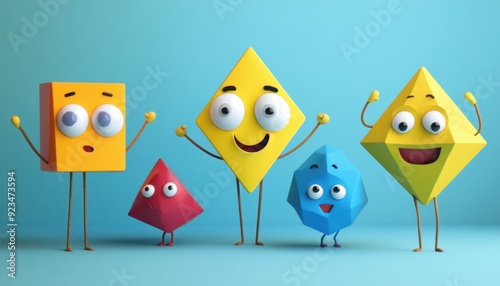Animated colorful shapes with happy faces celebrating together in a bright setting