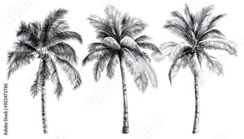 Three tall palm trees illustrated in a detailed sketch style on a white background