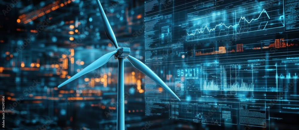 Futuristic Wind Turbine with Digital Data Interface in a High-Tech Environment for Renewable Energy Analysis Futuristic Wind Turbine with Digital Data Interface in a High-Tech Environment for Renewable Energy Analysis