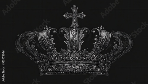 Ornate black crown with detailed metalwork and cross design against a dark background