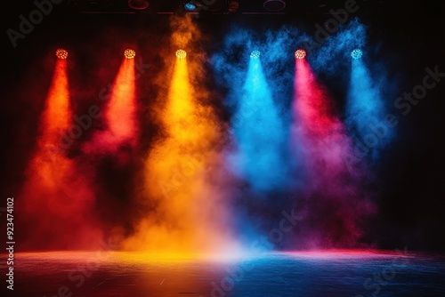 Empty stage with colorful spotlights, ,Free stage with lights and smoke, conser, show, party, Presentation concept. colorful spotlight strike on black background 