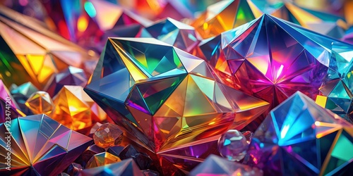 Vibrant multi-color crystal background featuring seamless texture of abstract bright shiny geometric shapes in 3D illustration, ideal for futuristic and modern designs.