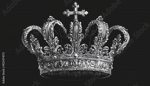 Intricate silver crown with cross detail against a dark background
