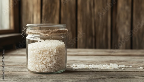Jar of uncooked rice on a wooden table near a window with natural light