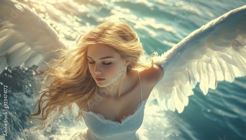 Young woman with angel wings submerged in sparkling blue water during golden hour
