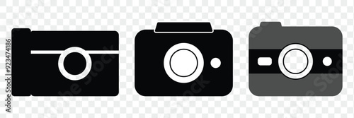 Photography camera icon set. Flat black and white silhouette style. Camera icon. 