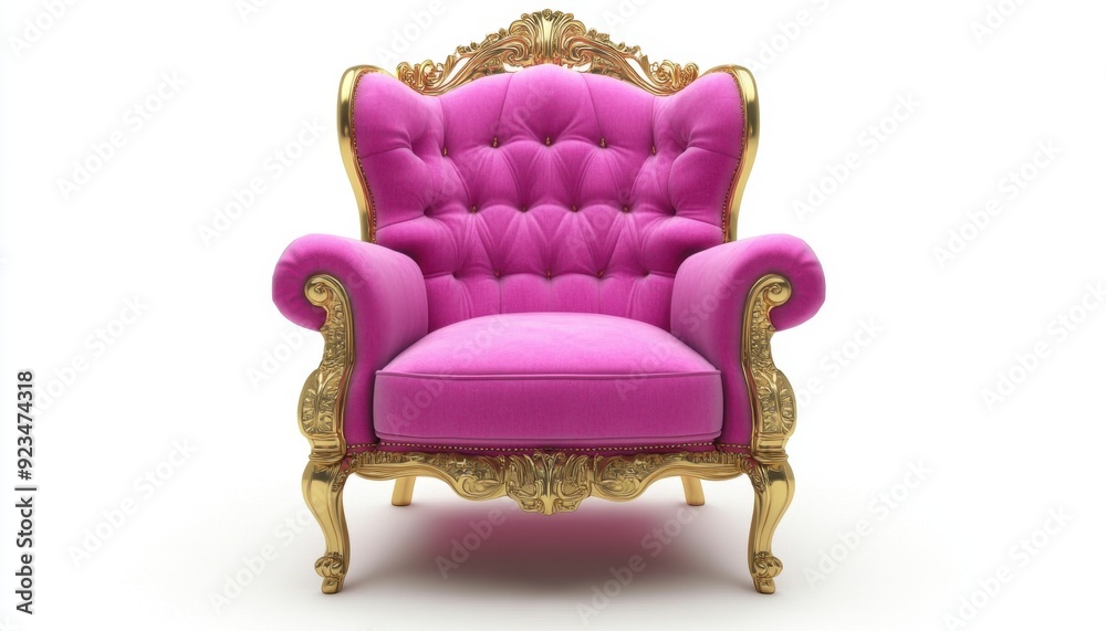 Elegant pink tufted chair with gold accents in a modern interior setting Elegant pink tufted chair with gold accents in a modern interior setting
