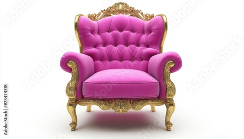 Elegant pink tufted chair with gold accents in a modern interior setting