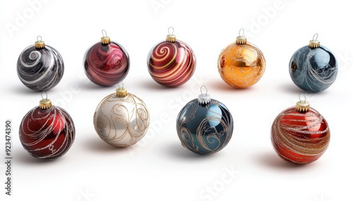 Colorful decorative Christmas ornaments arranged in a row on a white background
