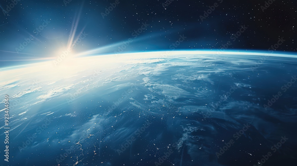 Obraz premium Capture a scene of the horizon during a space mission, with the edge appearing as a delicate line of light against the void of space.