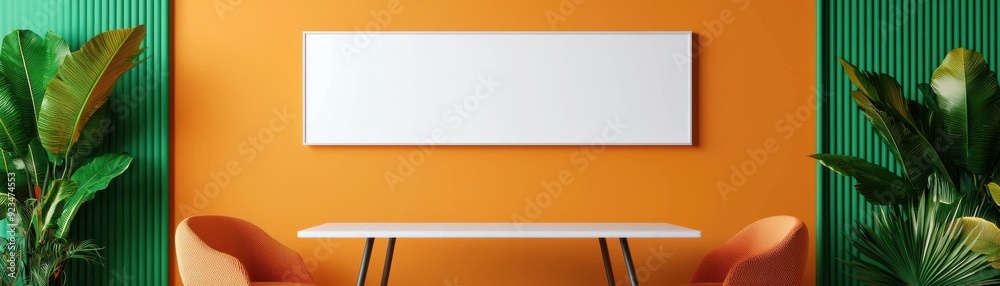 Bright interior featuring a modern table with orange chairs, vibrant wall, and lush greenery, perfect for contemporary decor.
