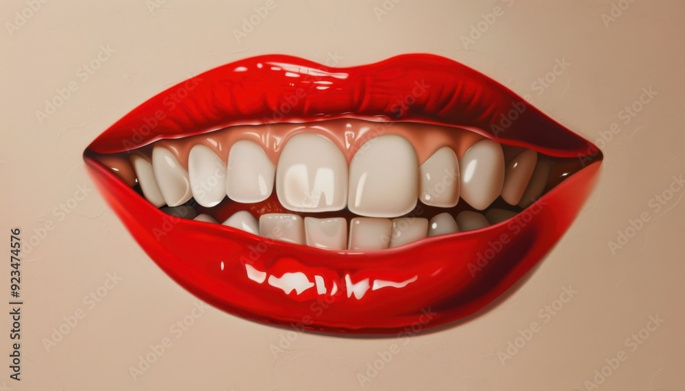 Bright red lips showcase a perfect smile with white teeth on a neutral background Bright red lips showcase a perfect smile with white teeth on a neutral background