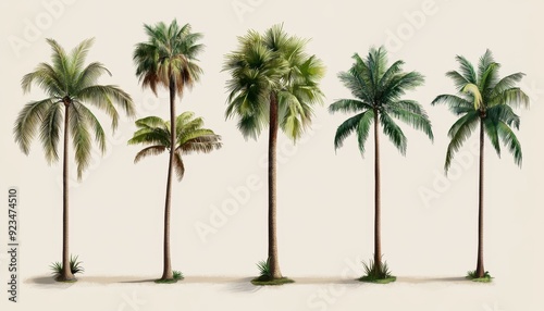 Illustration of five distinctive types of palm trees against a neutral background