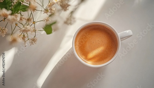 Warm cup of coffee on a light surface with delicate flowers in the background