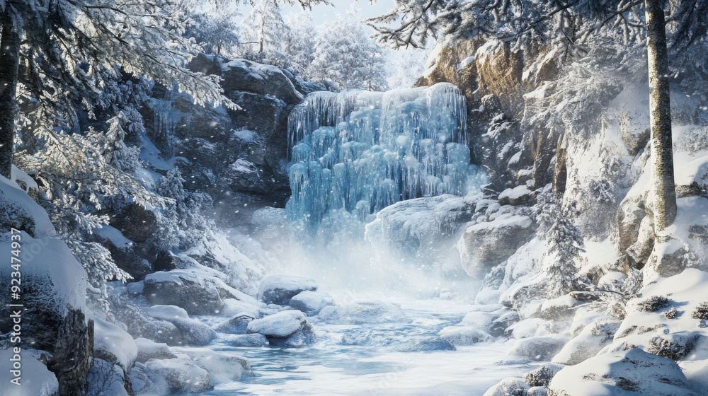 Frozen waterfall cascading over icy rocks, with snow-covered trees framing the scene. Frozen waterfall cascading over icy rocks, with snow-covered trees framing the scene.