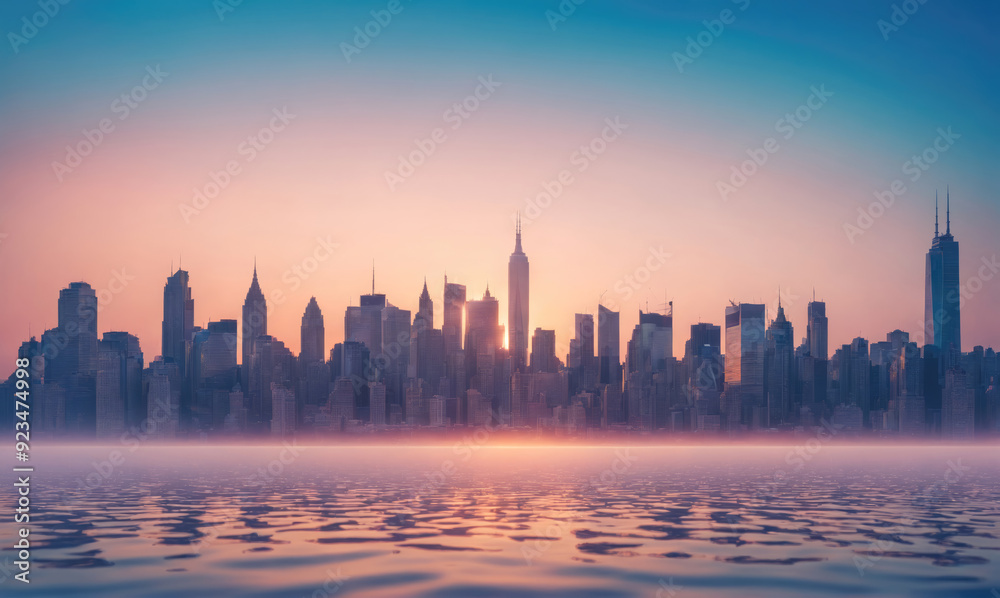 Stunning Sunrise Over New York City Highlighting Iconic Skyline With Water Reflections Stunning Sunrise Over New York City Highlighting Iconic Skyline With Water Reflections