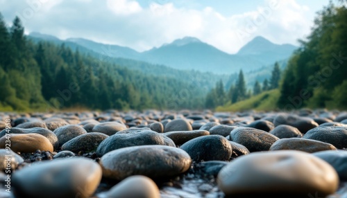 Smooth river rocks by a tranquil stream with mountains and trees in the background during daytime
