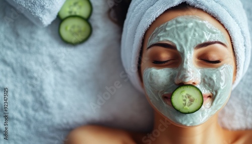 Woman enjoying a spa treatment with a facial mask and cucumber slices at a relaxing location