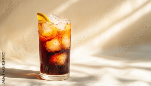 Refreshing iced beverage with lemon slice on a sunny surface