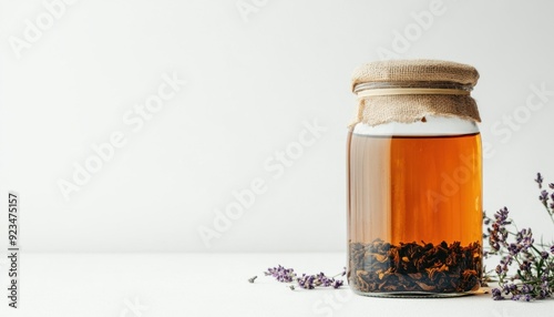 Lavender-infused herbal tea in glass jar with burlap cover on neutral background