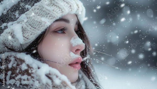 Young woman with snowflakes on her face gazes thoughtfully in a snowy winter landscape