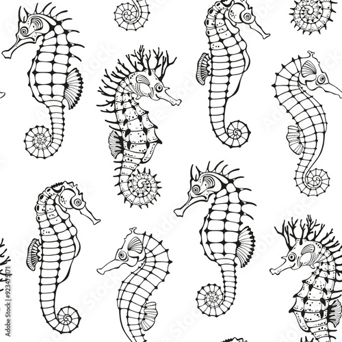 Seamless pattern on the marine theme with seahorses. Black outline illustration on white background. Vector. Perfect for design templates, wallpaper, wrapping, fabric, print and textile. Black and whi