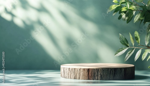 Natural wooden platform with green leaves against a softly lit background