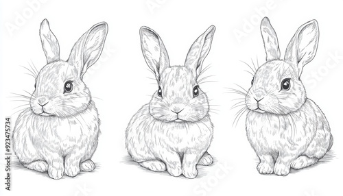 Three different rabbit illustrations with distinct poses and features on a blank background