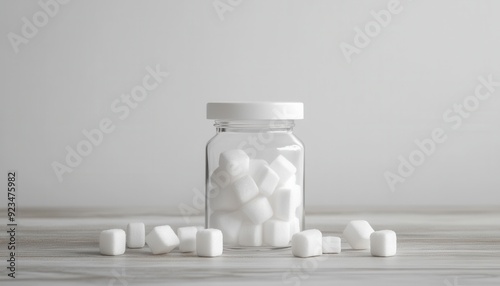 Glass jar filled with white sugar cubes on a wooden surface in a well-lit kitchen