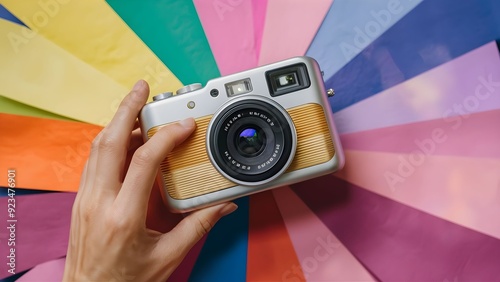 camera in hand, Compact Digital Camera on Colorful Background - Retro Photography Gear.