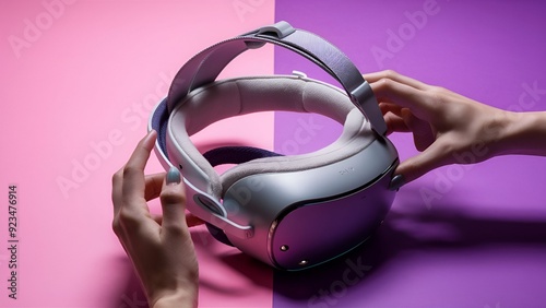 hand with VR, Futuristic VR Headset on Colorful Surface - Virtual Reality Experience.