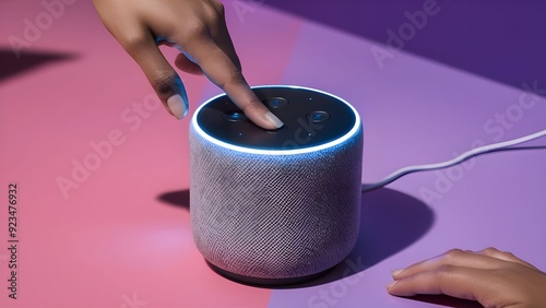hand holding a Smart Home Assistant , Smart Home Assistant on Trendy Gradient Background - Voice Control Tech.