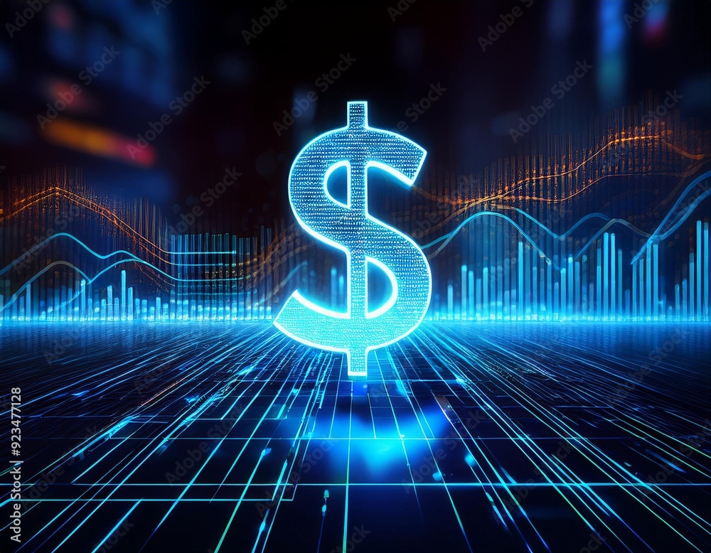 A digital dollar sign illuminated, symbolizing finance, investment, and modern technology with data analytics backdrop.