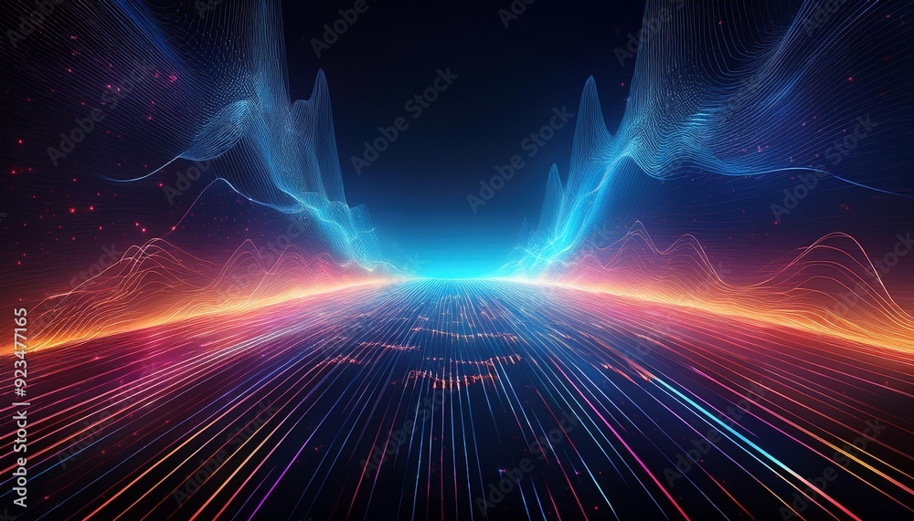 Abstract digital landscape with glowing lines and particles. Cyberpunk aesthetic. Futuristic technology background.