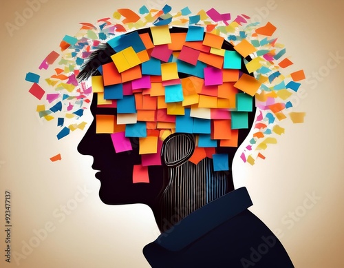 A silhouette of a person with a head full of colorful sticky notes, representing a busy mind filled with ideas and tasks.